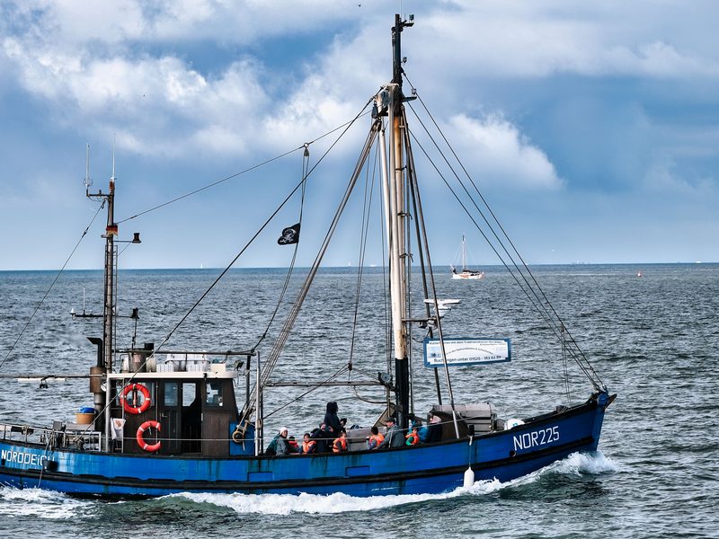 Der Ausflugskutter „Norddeich" (NOR 225) mit Fahrgästen in Schwimmwesten kreuzt unter Wolkenhimmel auf der Nordsee — zeigt nicht den genannten Ort